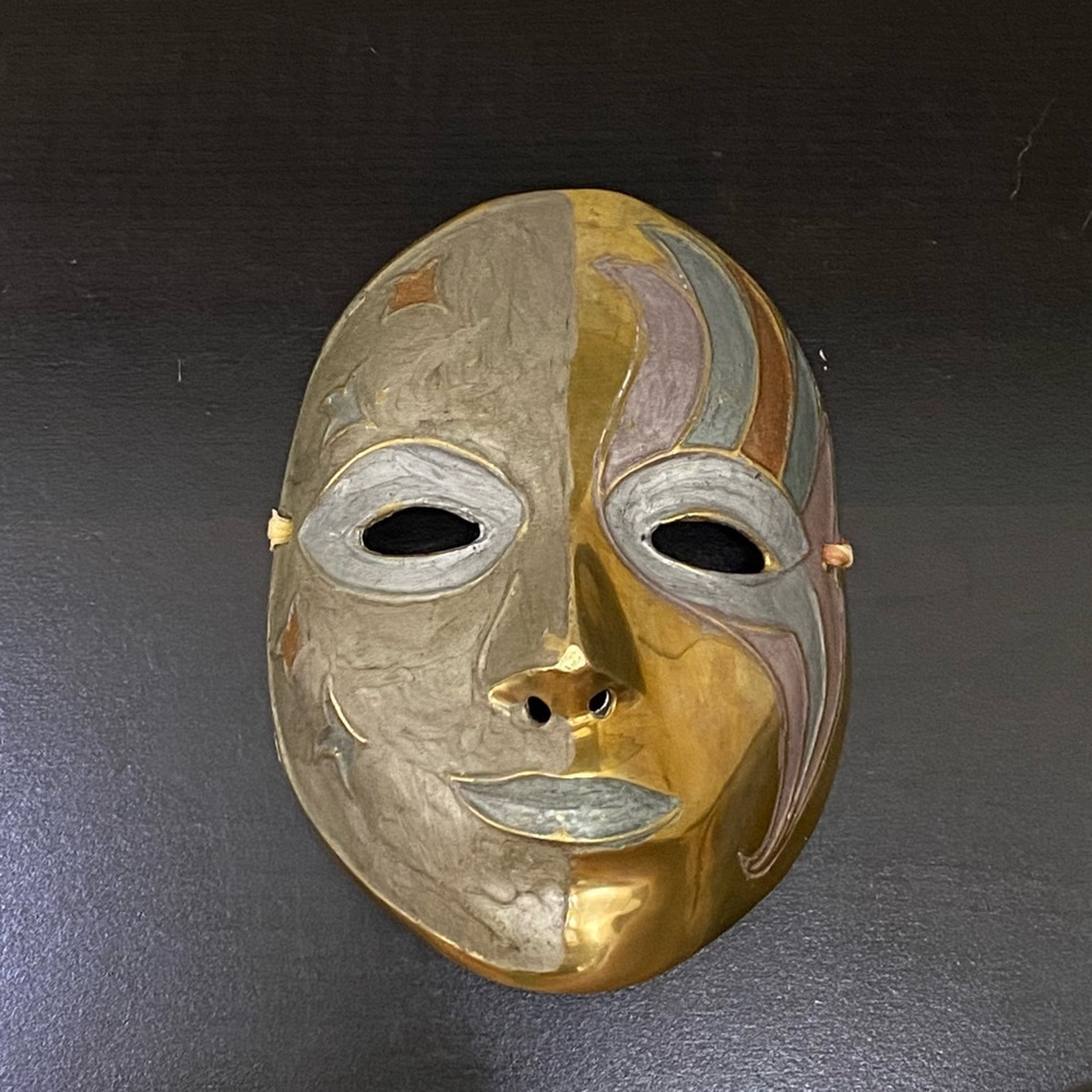 Vintage Brass Decorative Mask Enamel Flower Mardi Gras Masquerade Wall Decor